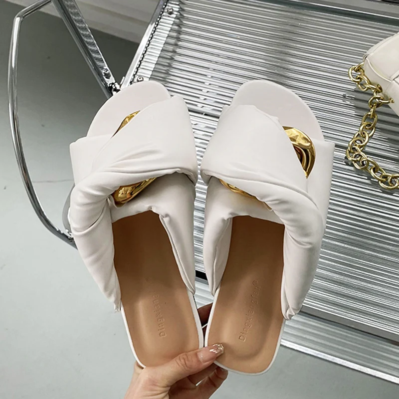 Ladies Indoor Slippers Women Flip Flop Summer Shoes New 2022 Metal Decoration Female Shoes Outside Slides Flats Rubber Slippers