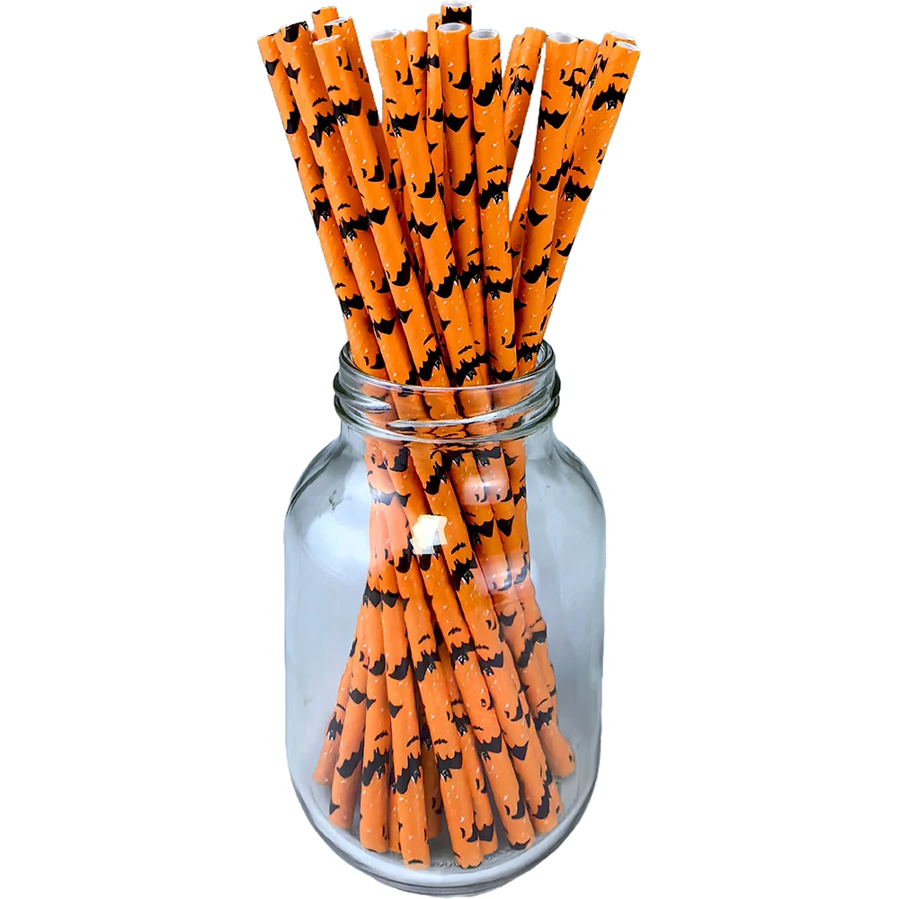 25-200 Stück Halloween Einweg Stroh Kürbis Spinne Schädel Muster Papier Strohhalme Orange Schwarz Dekoration Halloween Party Supplies – Detail 4
