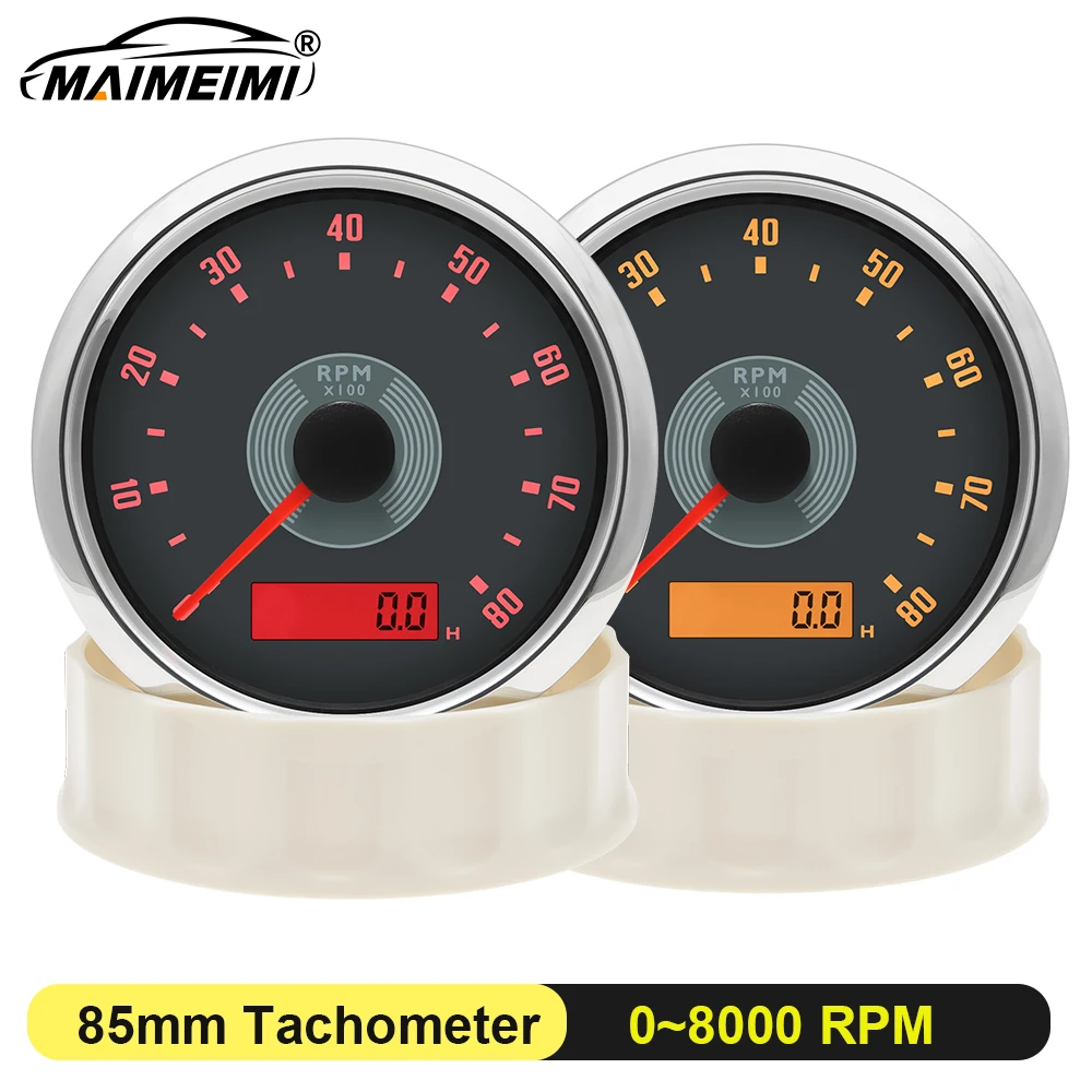 

85 мм автоматический морской тахометр 0 ~ 8000 об/мин классический датчик с часами регулируемый 12 В/24 В с красной или желтой подсветкой водонепроницаемый
