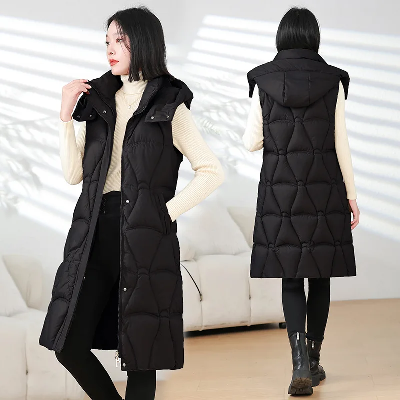 Long Parkas Women Thick Zipper Vest Coats Sleeveless Jacket Hoodies Solid Pocket Jackets Vests Elegant Warm Autumn Winter