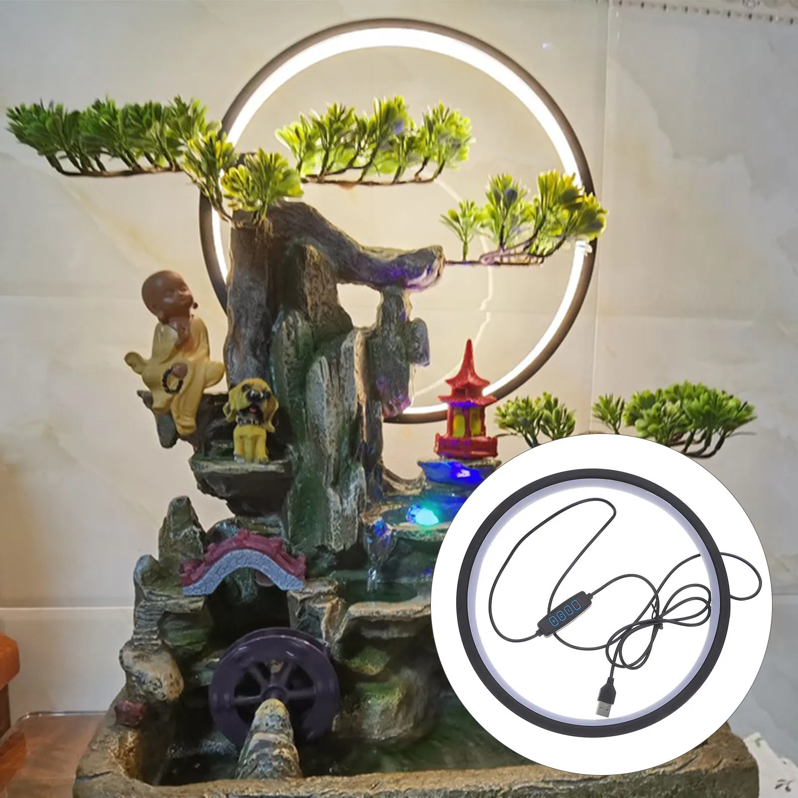 

Zen Meditation Incense Burner with LED Light Ring Waterfall Flow USB Powered Buddha Statue Decor for Living Room Entryway