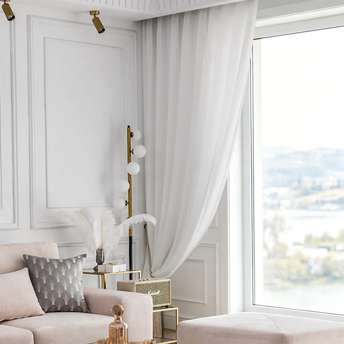 2pcs Pinch Pleat White Sheer Curtains, Transparent Voile Drapes for Living Room & Bedroom