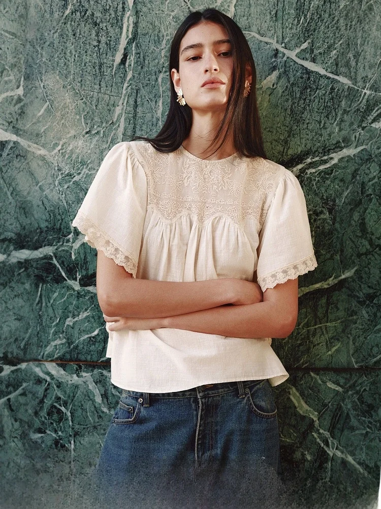 

Spring New Women's Cotton Blend Tie Design Top H&M Casual Loose Fit ort Sve round Ne Button Detail