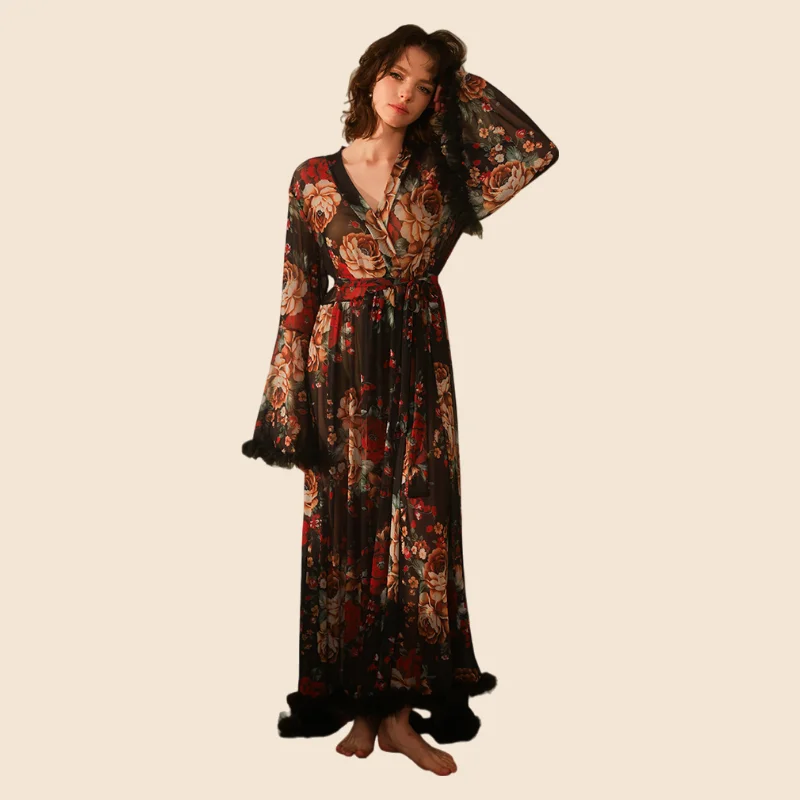 Sexy Nightwear Women Elegant Vintage Print Tulle Robe Ruffles Long Sleeve V-Neck See Through Nightgowns Romantic Long Soft Robe
