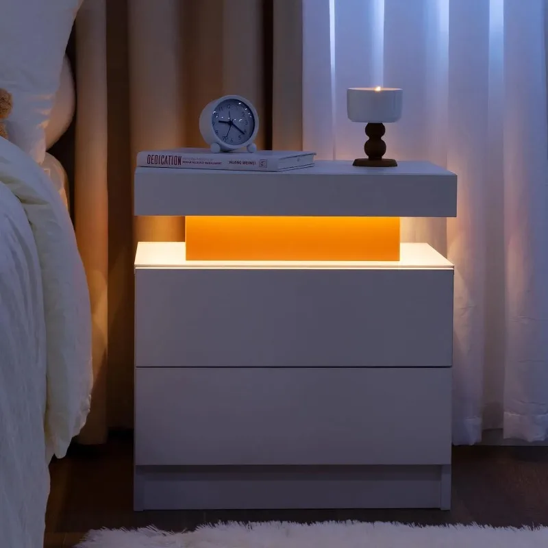 Nightstand LED Bedside Table Cabinet Lights Modern End Side with 2 Drawers for Bedroom Next To Sofa Bed Office Corner