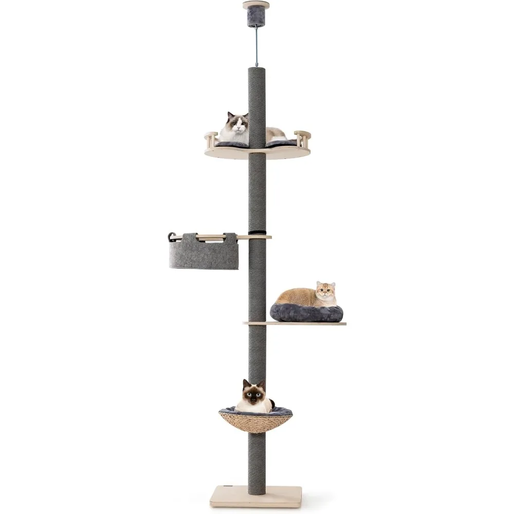 

Floor to Ceiling Cat Tree, Tall Cat Tower with Adjustable Height (93-107 Inch) for Large Cats, 5 Tier Cat Climbing Pole