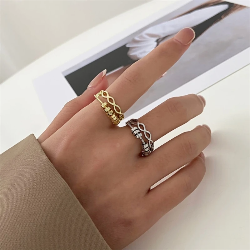  Daily Wear Anxiety Relief Open Spinner Ring for Women Rotating Round Beads Finger Ring Fashion Jewelry Gift