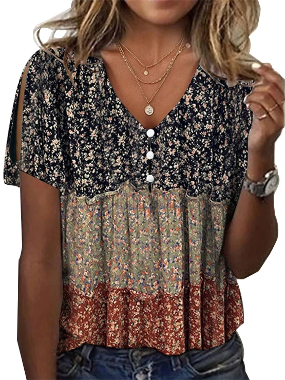 Tops con estampado gráfico para mujer, manga corta, cuello en V, talla grande