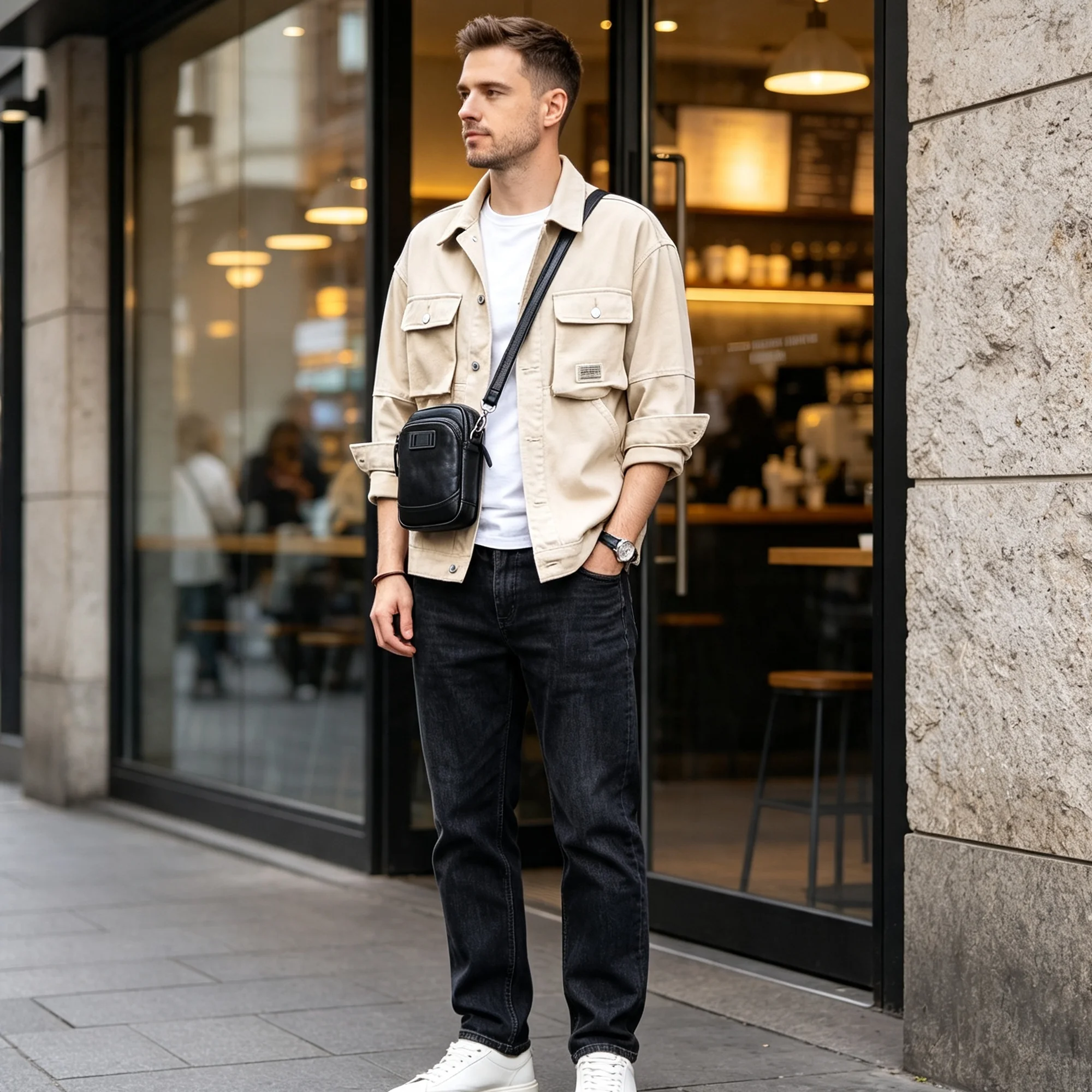 Echte Leder-Umhängetasche für Herren, Crossbody-Taschen, einfache Rindsleder-Gürteltasche, Top-Layer-Leder, modischer Casual-Stil – Detail 5