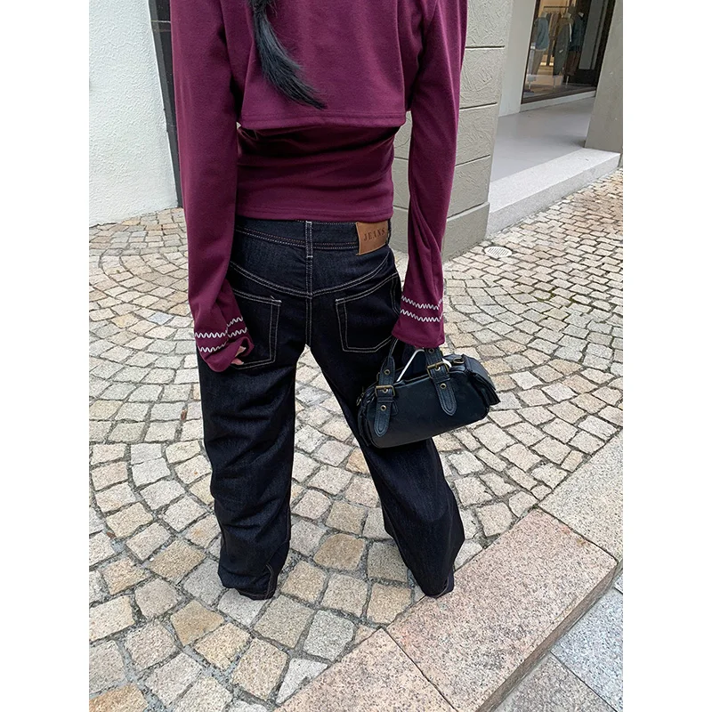 Benuynffy ريترو زر يطير منخفضة الارتفاع الجينز للنساء 2025 الخريف الشتاء موضة فضفاضة بنطال ذو قصة أرجل واسعة ملابس امرأة الشارع جديد #5