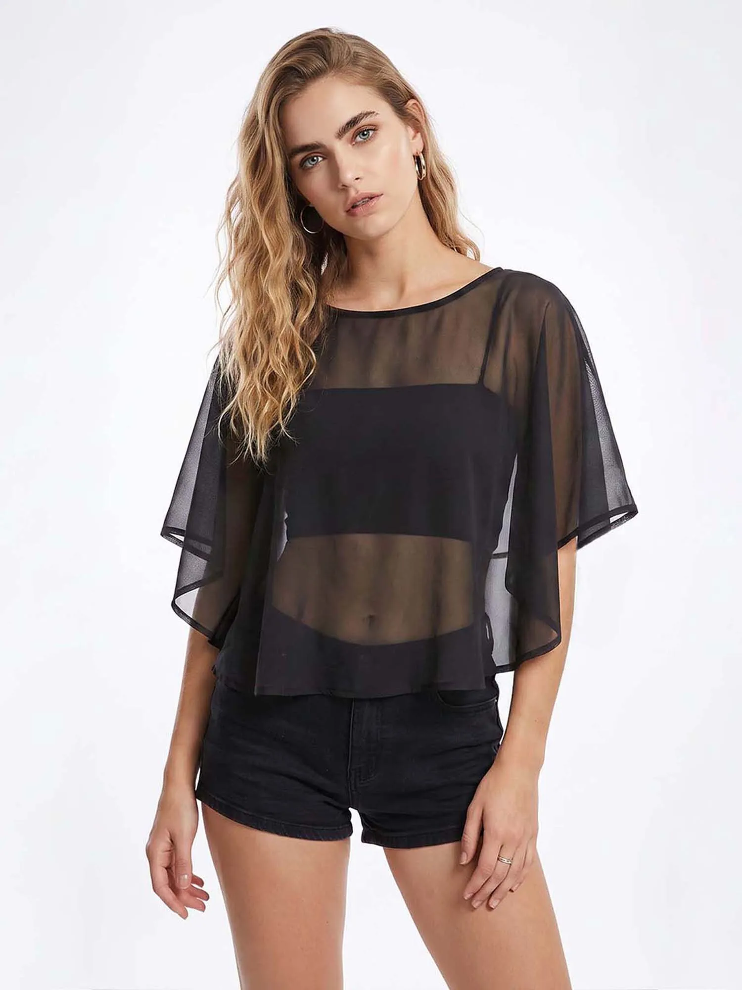 Women Sheer Poncho Cover Up Summer Back Tie Loose Fit Cropped Cape Shrug