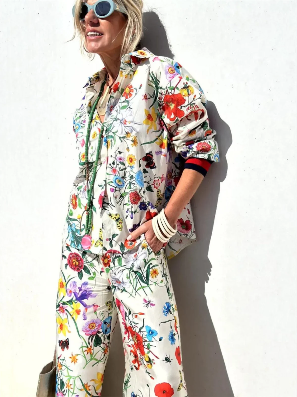 

Faionable Printed Suit Women's Casual Long Pants irt Sli Top Autumn Print Ensemble Ladies' Polyester Long Sve irt