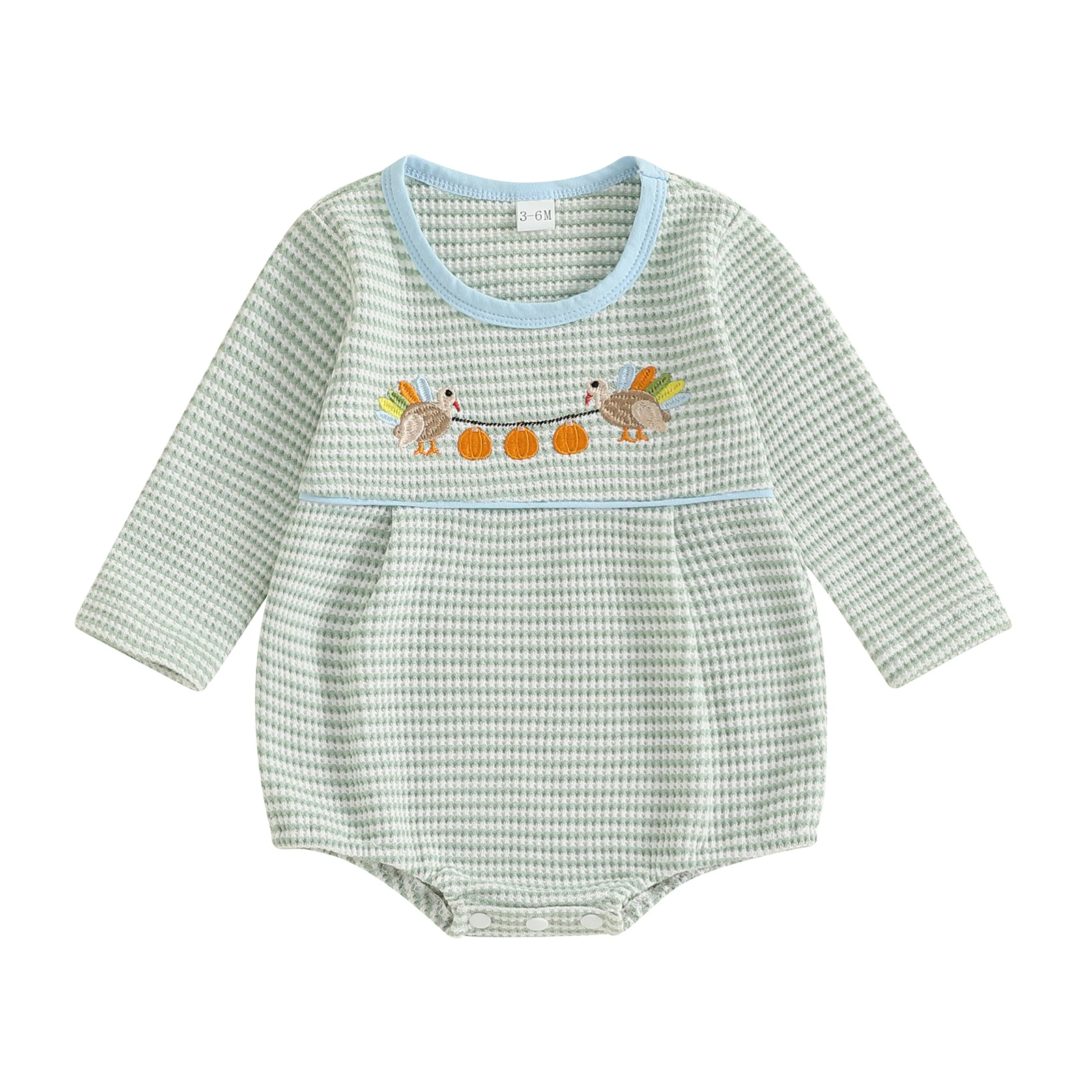 

Baby Girl Thanksgiving Day Romper Long Sleeve O Neck Turkey Embroidery Striped Jumpsuit