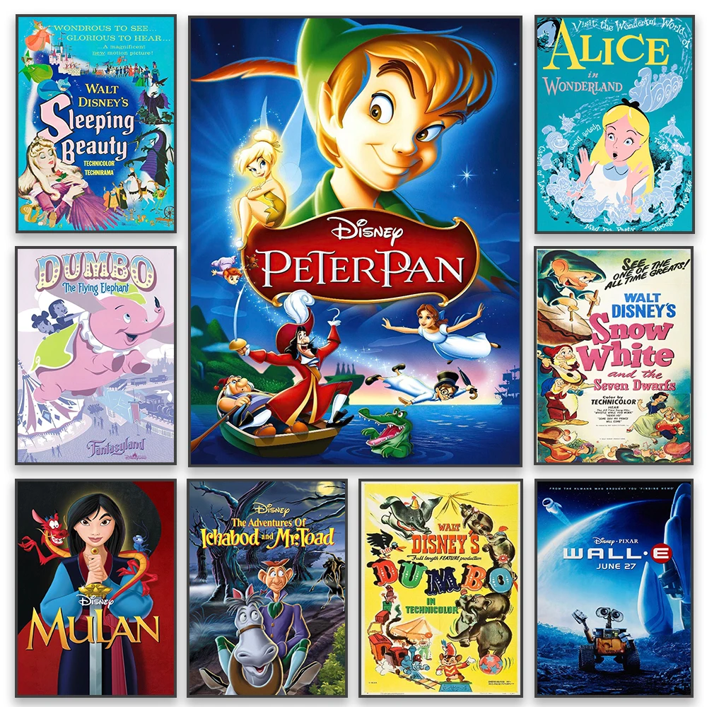 Disney Peter Pan Classical Movie Poster Retro Princess The Little Mermaid Prints Disneyland Canvas Painting Kids Bedroom Decor