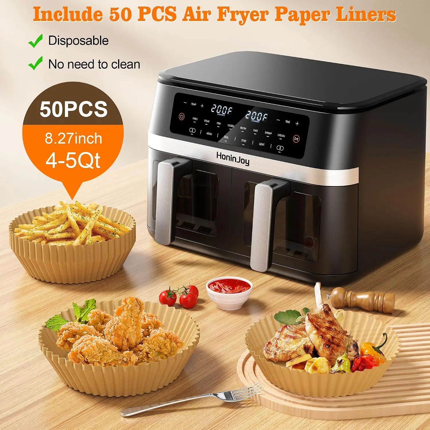 12QT Large Dual Basket Air Fryer with Viewing Window and 50pcs Paper Liners, 10-in-1 Digital Touchscreen Double Zone Air