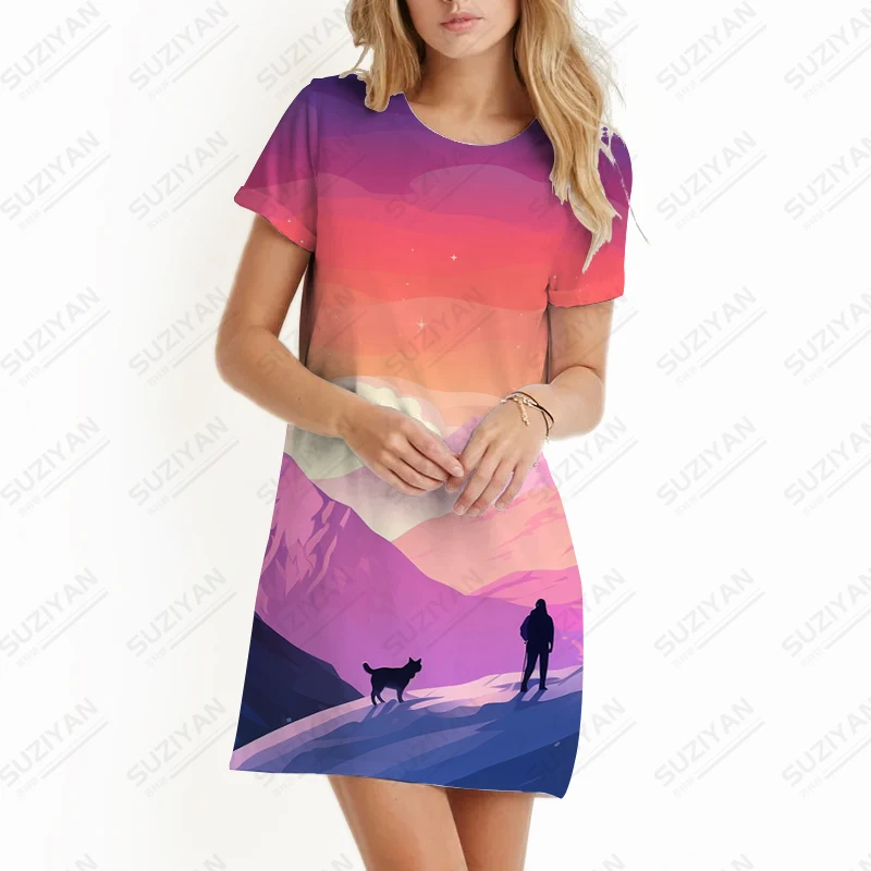 Summer new lady dress landscape 3D printed lady dress casual style ladies dress fashion trend high -quality lady dress