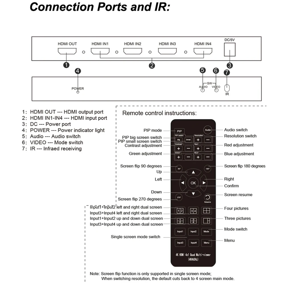 4K 60Hz HDMI 4X1 Quad Multi Viewer Switch 4 in 1 out HDMI Screen Multiviewer Seamless for 180\'270\' Flip PIP Picture in Picture