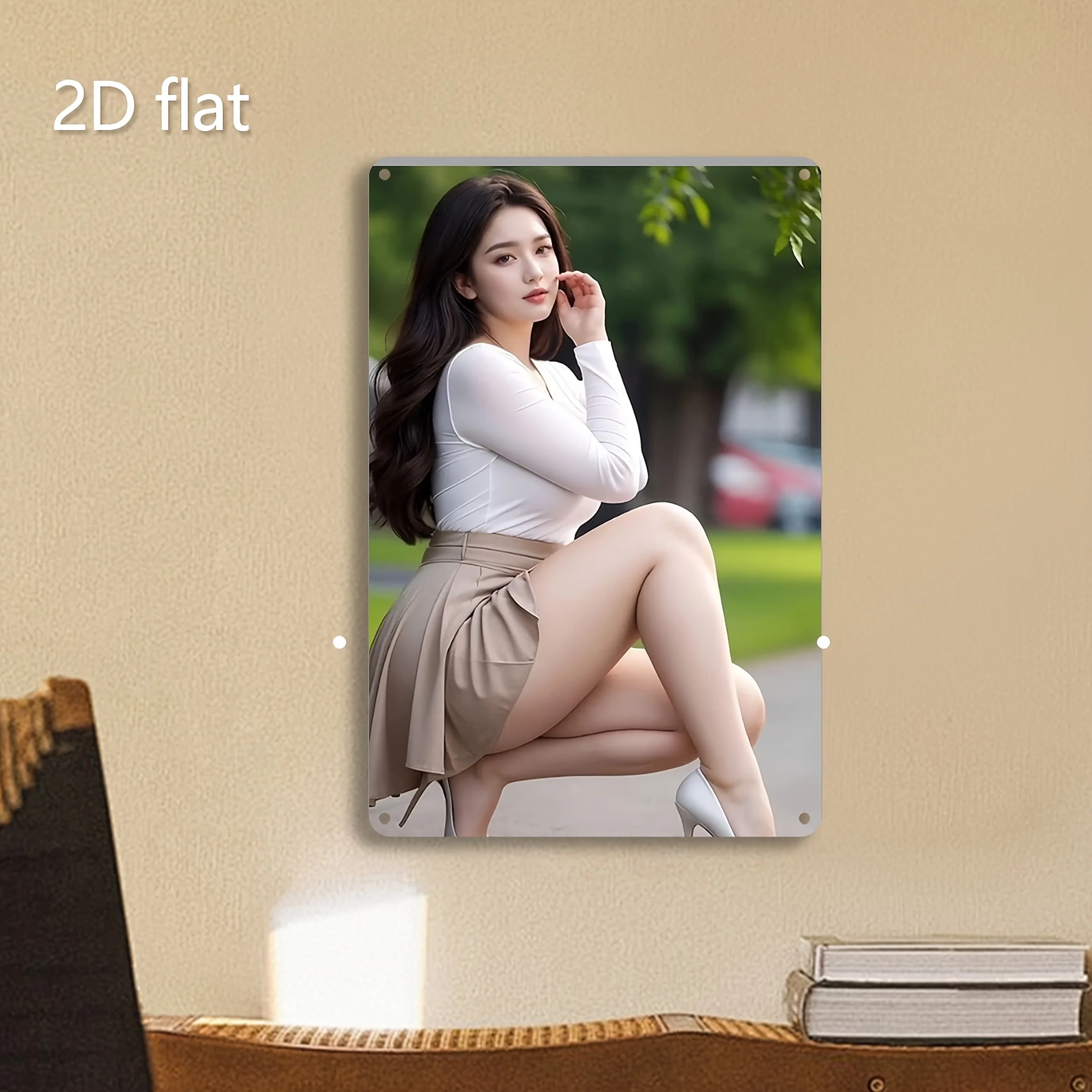 Vintage Elegant Asian Woman Metal Tin Sign - Retro Gentle Girl with Long Wavy Dark Hair in White Long-Sleeve Top & Beige Plea