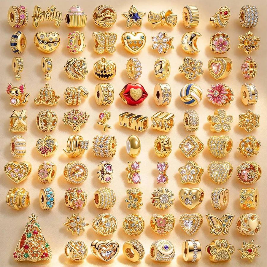 Hot Sale Sparkling Golden Charm Sun Paw Print Butterfly Star Moon Hearts Beads Fit Original 925Silver Bracelets DIY Jewelry Gift