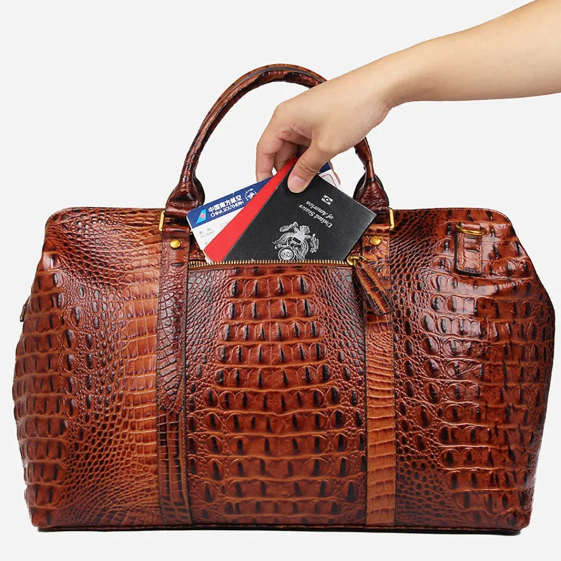 

Fashionable Genuine Leather Men's Travel With Crocodile Pattern Embossed Large Capacity Hand Diagonal Cross Luggage Business Bag