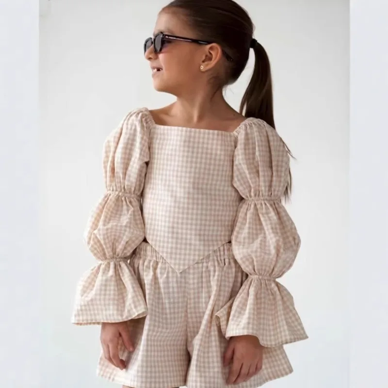 Children Set Girl 2026 Summer New Style Cotton Plaid Full Sleeve Asymmetric Laces Top Loose Shorts Casual Brief European
