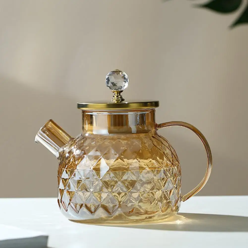 

Elegant Amber Tones Tea Kettle Elegant Glass Tea Kettle Set with -cut Design Heat Resistant Carafe Champagne Lid for Brew Iced