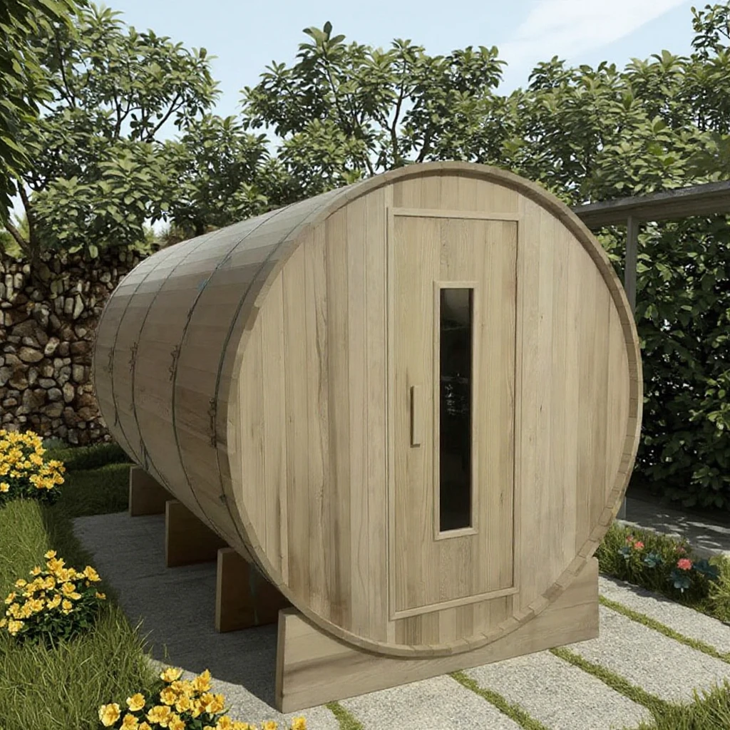 JINGEN 2000MM Diameter 6 Persons Canadian Red Cedar & Hemlock Electric Outdoor Barrel Steam Traditional Sauna Room with Stove