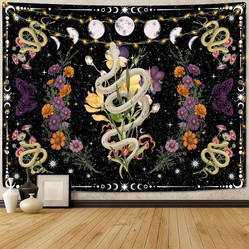 Witchcraft Cat Snake Moon Tapestry, Boho Starry Sky Flower Wall Hanging, Aesthetic Bedroom Dorm Home Decor