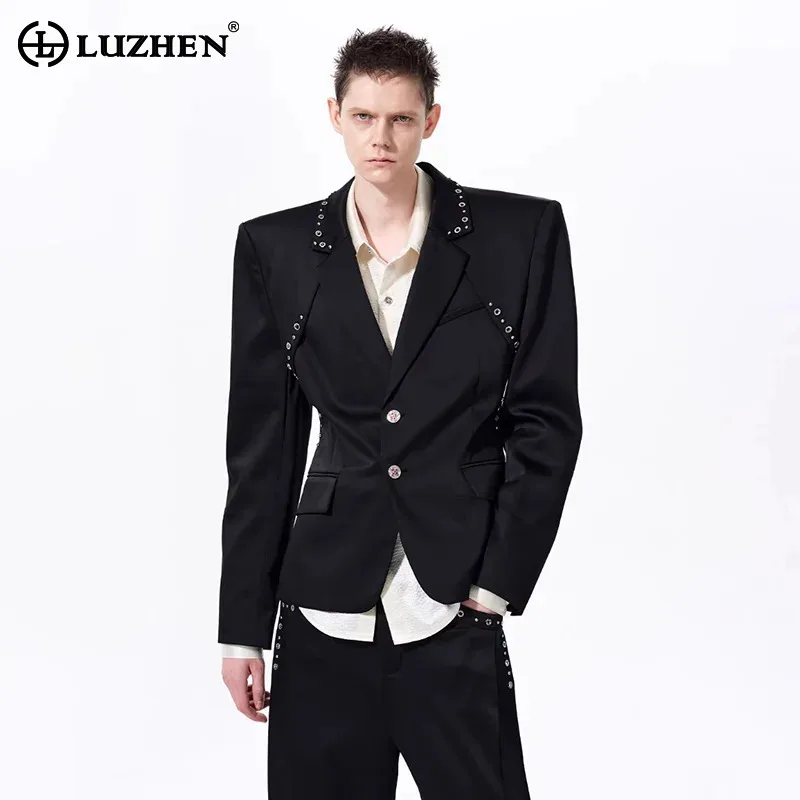LUZHEN 2026 Spring Rivet Metal Patchwork Shoulder Pad Handsome Blazer Coat Men Fashion Elegant Luxury Temperament Jacket JY6446