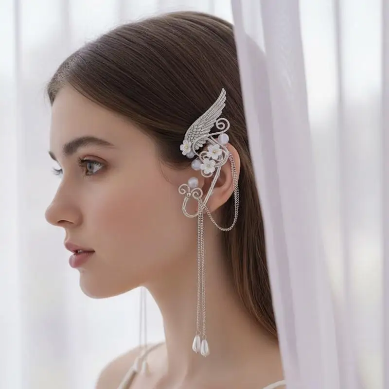 Left Ear Right Ear Sweet Alloy Elf Ear Clip Elf Ear Crystal Long Tassel Earrings Charm No Piercing Wings Ear Cuff Girls