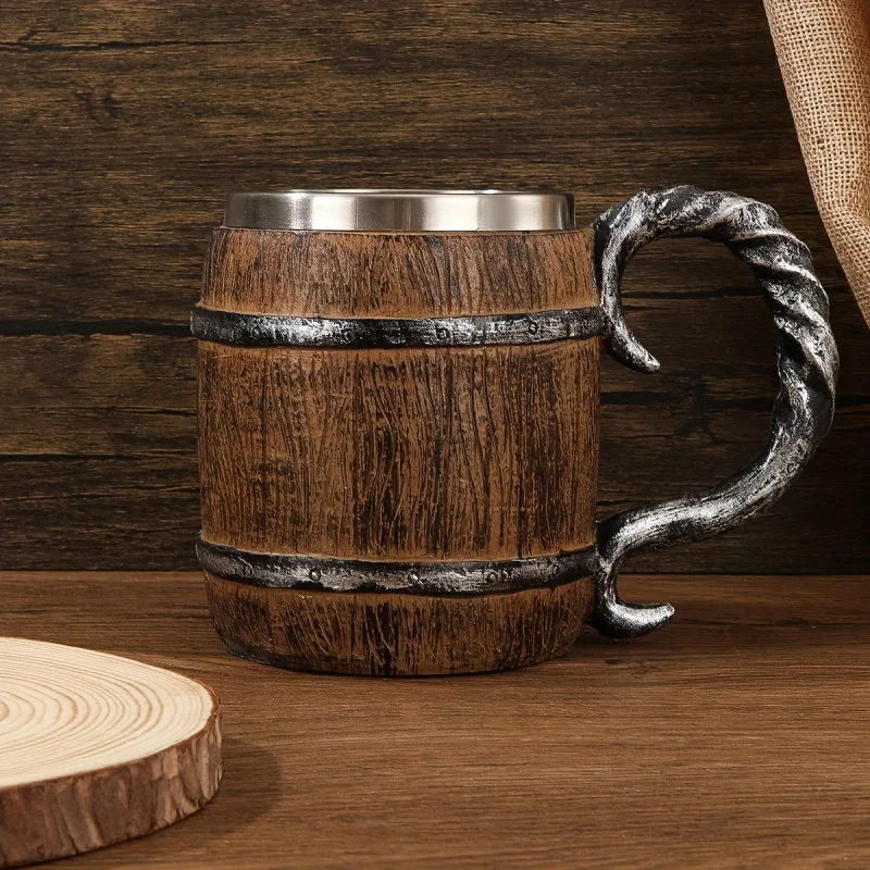 Wooden Barrel-Shaped Mug，Stainless Steel Liner - Suitable for craft beer and cocktails - Hand Wash Only（a Pair）