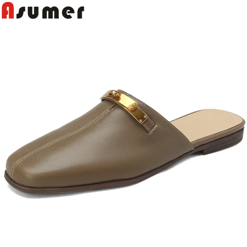 

ASUMER 2024 New Size 34-42 Vintage Ladies Mules Slippers Genuine Leather Summer Shoes Square Low Heels Slippers