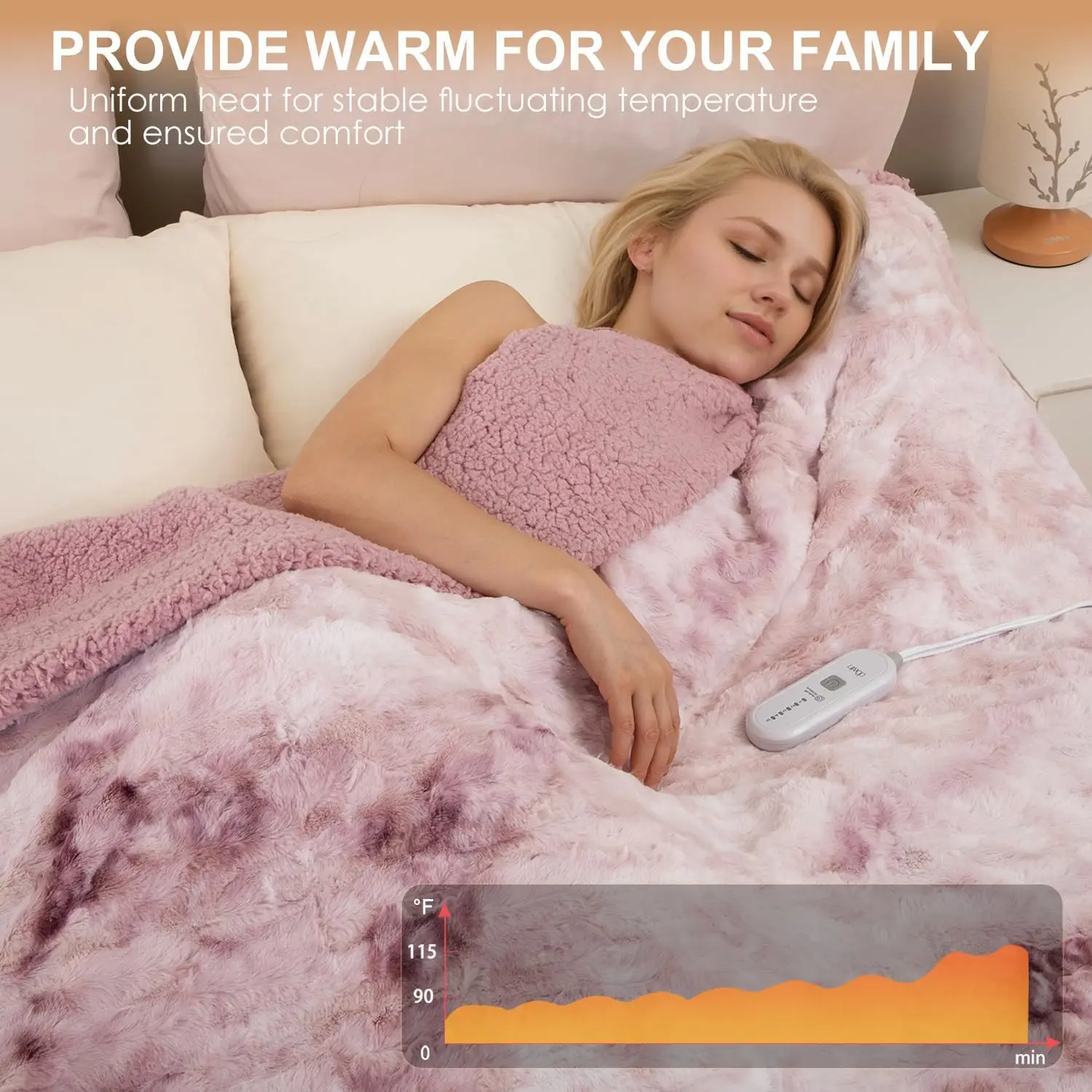 King Size Heated Blanket, Pink, Dual Controllers, 5 Heat Levels, Auto Off, Machine Washable