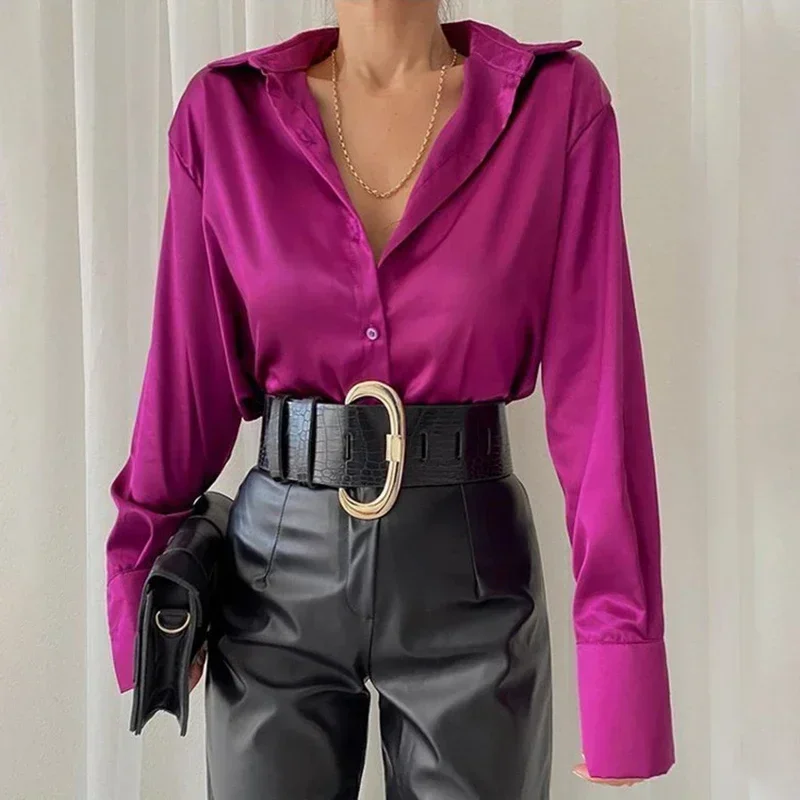 Casual Tops Fashion Vintage Orange Blous Blusas Mujer Elegant Satin Long Sleeve Women Blouses Solid Silk Shirt Women 22717