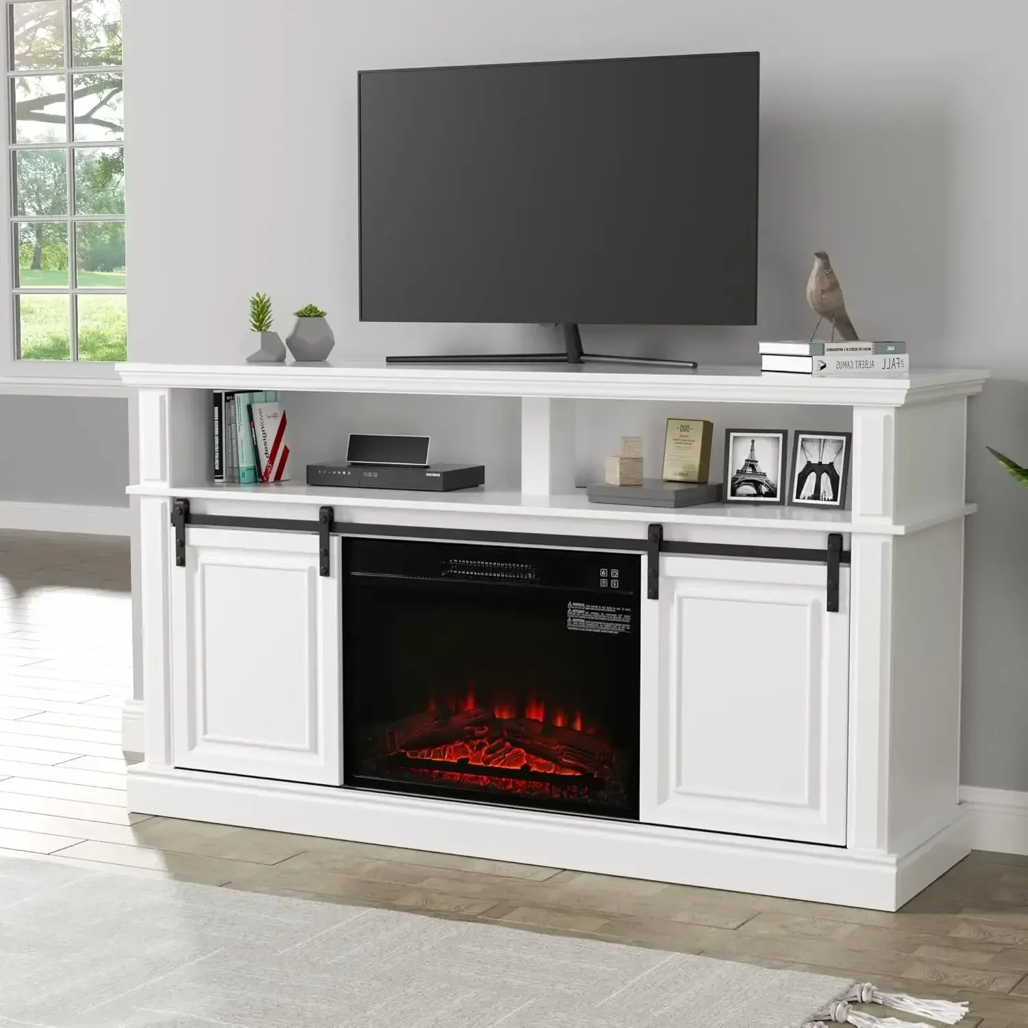 

White TV Stand for 65 inch with 23'' Electric Fireplace, Highboy Cabinet Sliding Barn Door