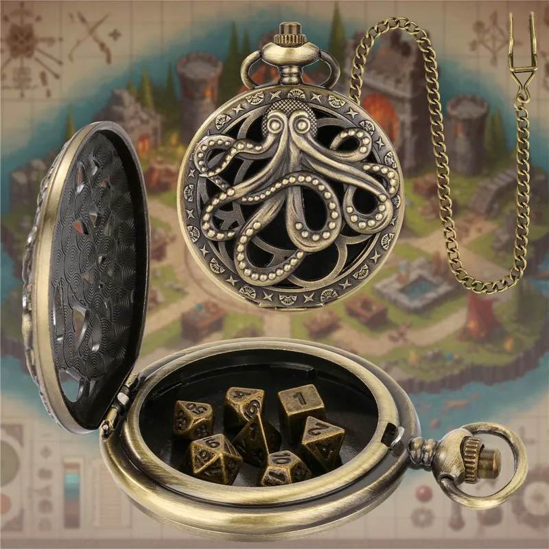 Retro Hollow Octopus Pocket Watch Case Pendant Chain with 7pcs Metal Polyhedral Dice Role Playing Board Games Accessory