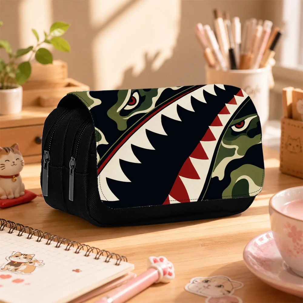 Green Camouflage Shark Teeth  Large Capacity Stationery Organizer Bag  Double Layered Pencil Case Students Pen Bag  Makeup Bag
