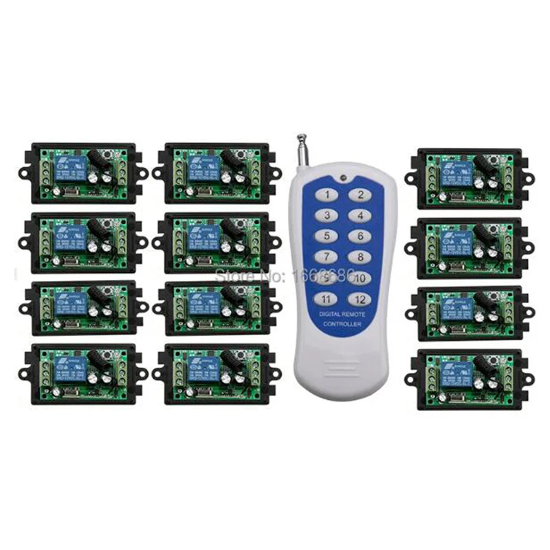 DC12 1 CH 1CH RF Wireless Remote Control Switch System,12CH Transmitter + 12 X Receivers /lamp/ window/Garage Doors shutters