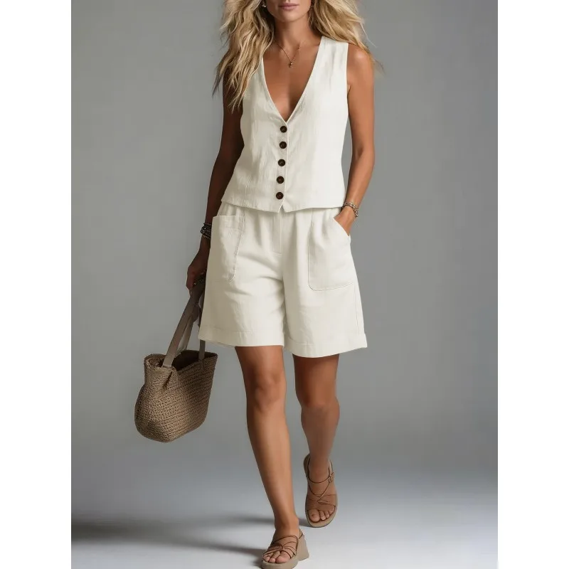

A Two-piece Casual Commuting Outfit Cotton Linen Sleeveless Vest Wide-leg Shorts Cross-border Summer Between Europe and America