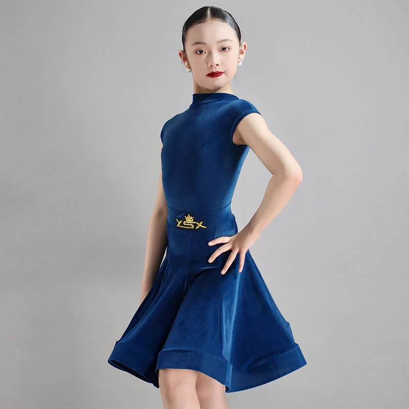 Retro Blue Color Velvet Latin Dance Clothes Girls Competition Dress Short Sleeves Kids Cha Cha Ballroom Dance Dress  DNV20422