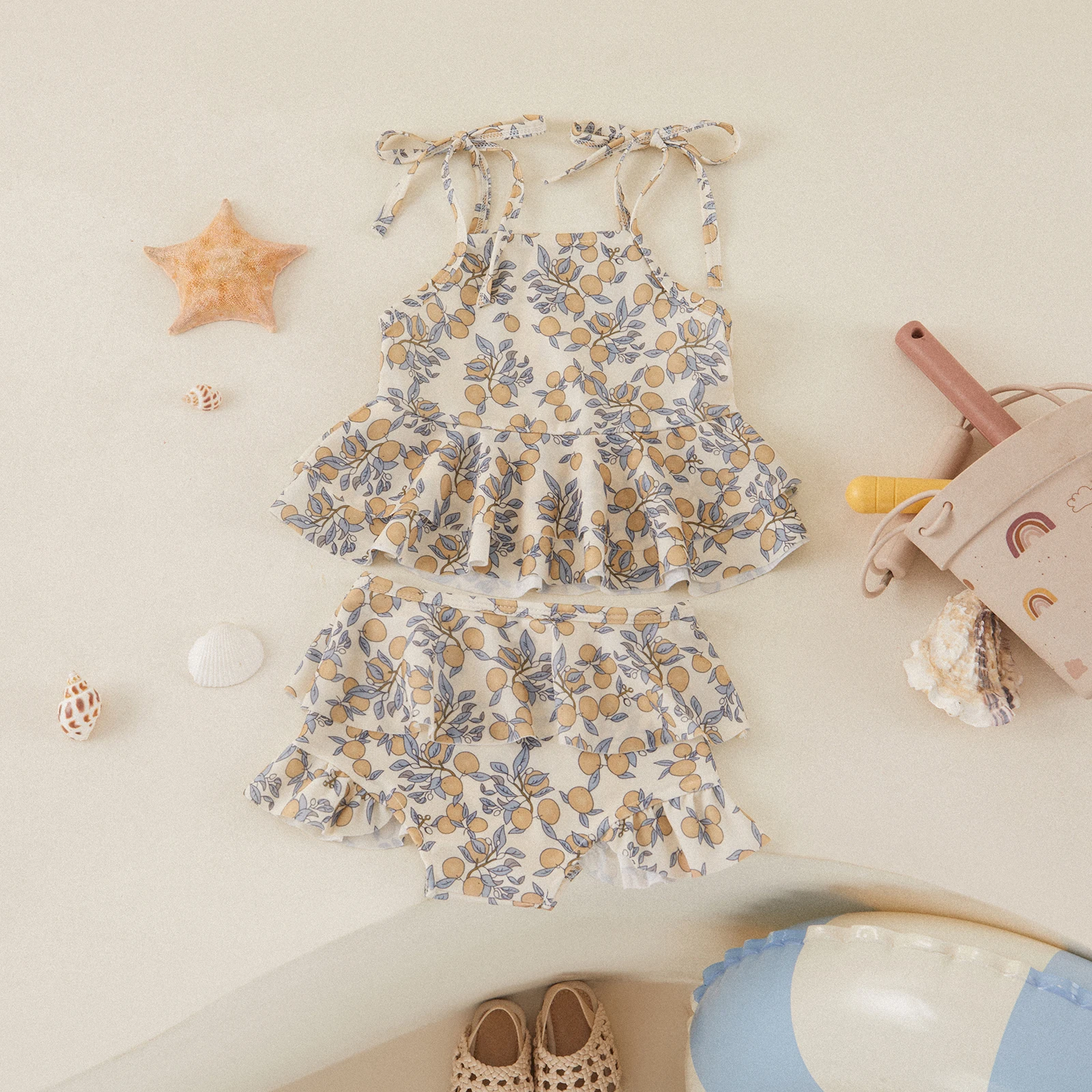Tregren 3-24M Infant Baby Girls Swimwear Floral Lemon Print Frilly Tank Tops Shorts 2pcs Swimsuit Toddler Bathing Suit Beachwear
