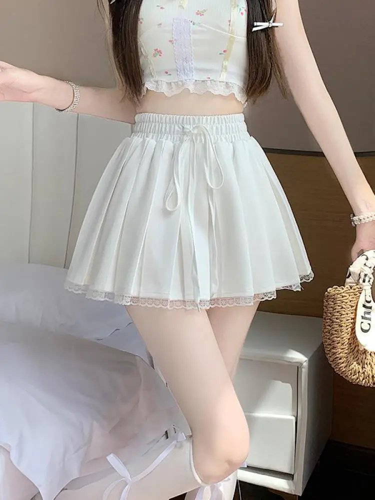 

Spring Summer Black White Patchwork Lace High Waist Mini Skirt Women's Retro Grey Elegant Sexy Club Slim Pleated Short Skirt New