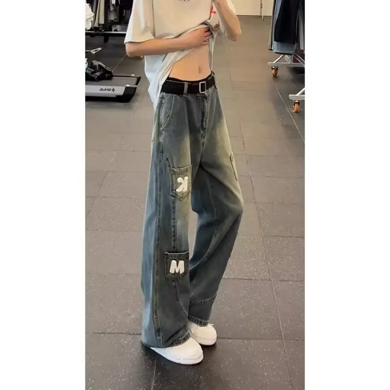 

American-style trendy multi-pocket workwear jeans for men spring/summer street-washed wide-leg loose-fit casual trousers