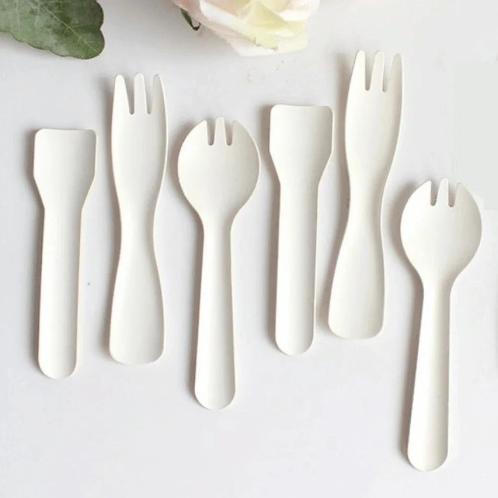 

100Pcs Individual Packing Disposable Spoon Fork Eco-Friendly Degradable Ice Cream Spoons Thickened White Mini Paper Fork Spoon
