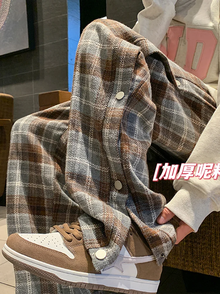 

Мужские шерстяные брюки с пуговицами, на флисовой подкладке, в клетку, в стиле ретро, модные, прямые, широкие, повседневные, спортивные, длинные