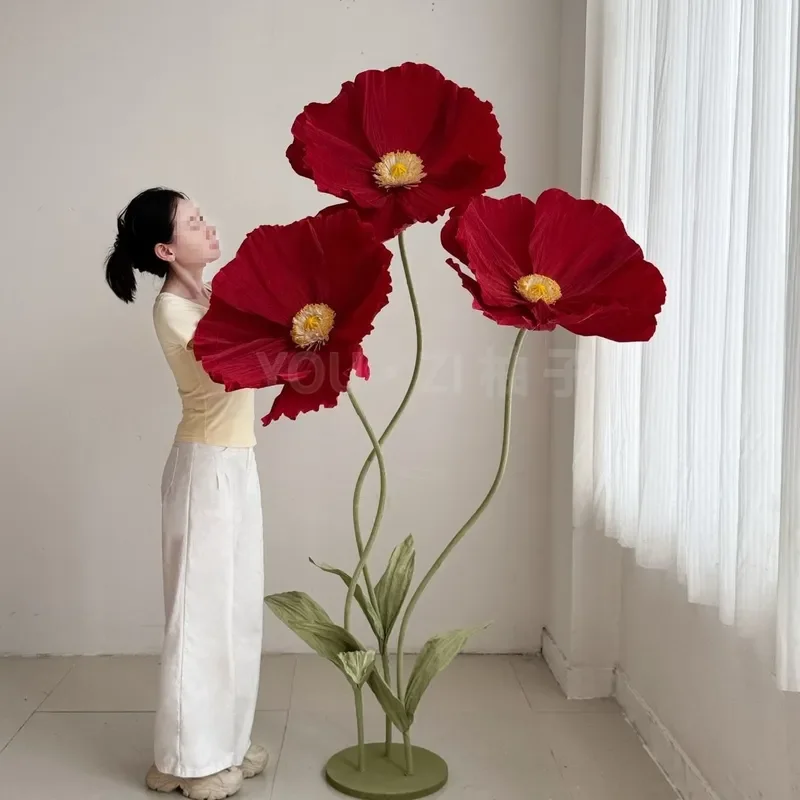 Giant Paper Poppy Flower Floor Standing Wedding Decoration Large 3D Artificial Bloom for Mall Window Display Event Party