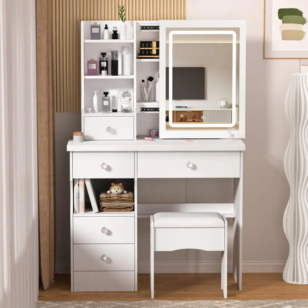 

Vanity Desk With LED Lighted Mirror Modern Bedroom Dressing Table With Stool 5 Drawers, Open Shelves, Hidden Storage Space