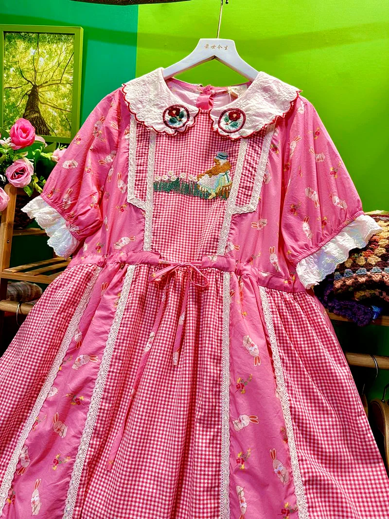 Katoen Zoet Kant Patchwork Plaid Zomer Borduren Lange Jurk voor Vrouwen Vintage Cottagecore Lolita Kawaii Mori Girl Midi Jurk