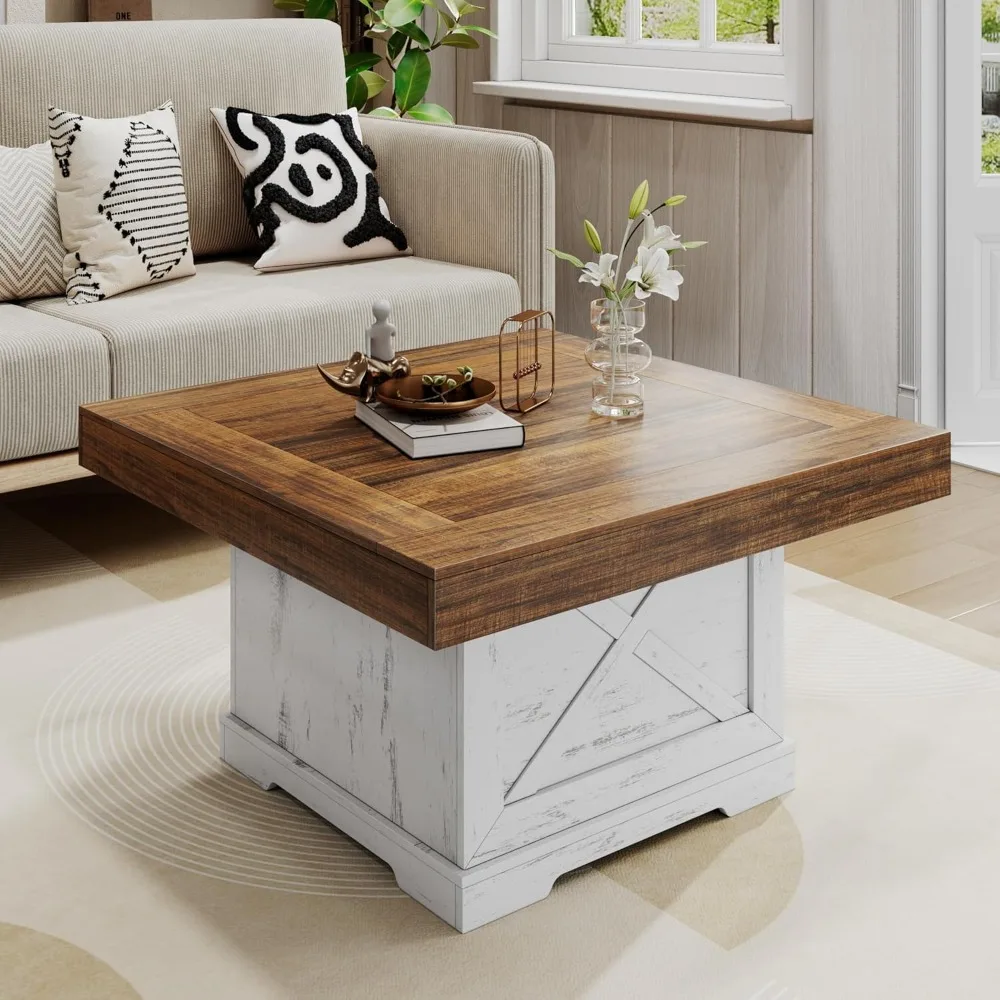Easy Assembly Small Square Home Office，31.5 in Farmhouse Center Table with X Design Wooden Pedestal for Living Room
