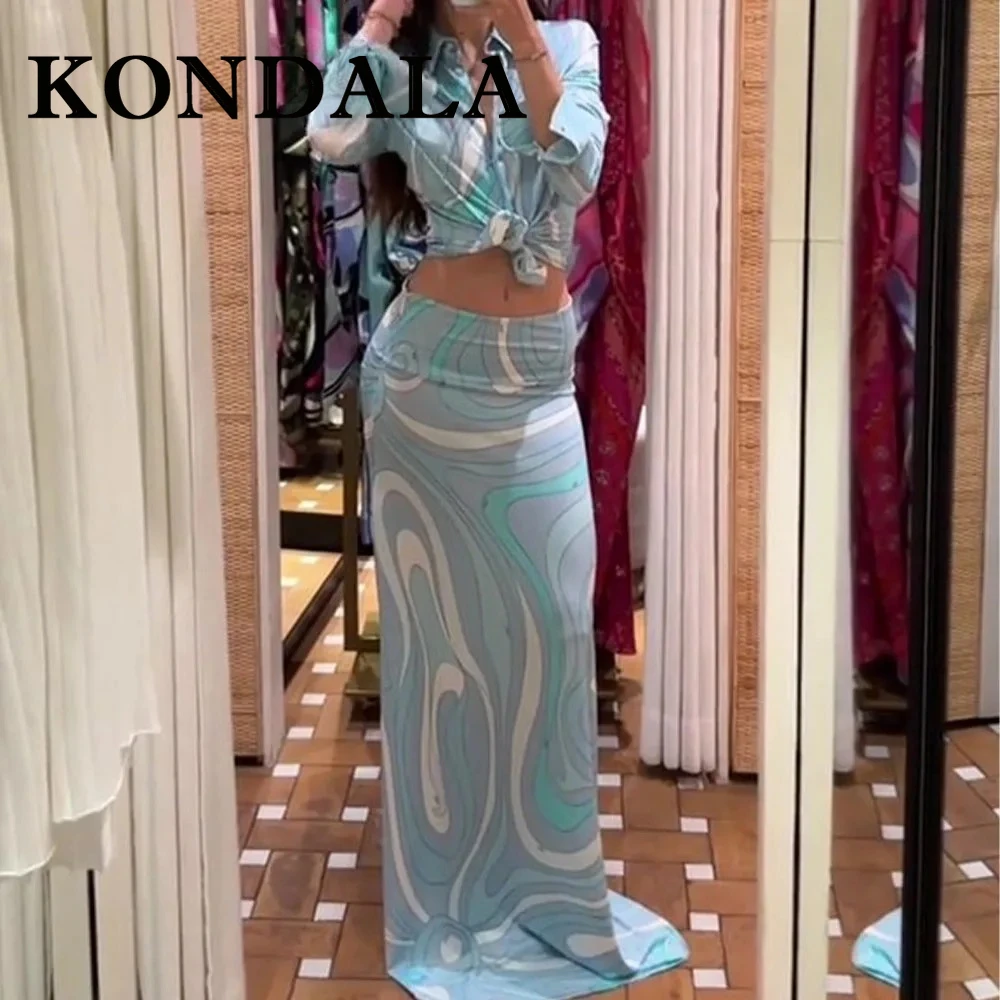 

KONDALA Chic 2025 Print Casual Woman Suit Single Breasted Loose Shirt+Holiday Long Skirt Vintage Fashion Beach Y2K Mujer Set